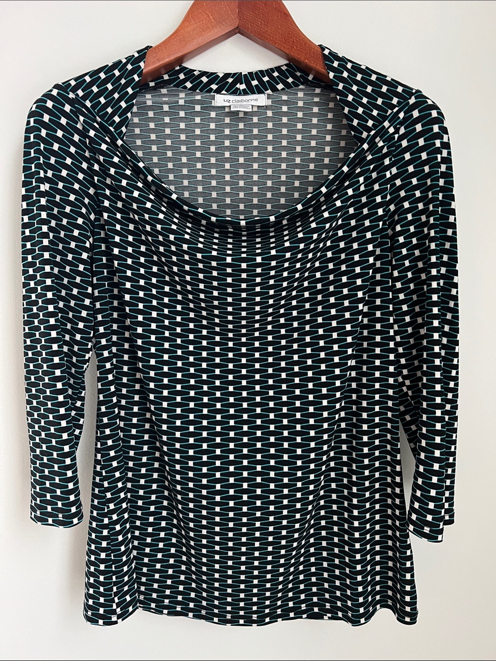 Liz Claiborne | Black White Teal Geometric Cowl Neck Long Sleeve Top Office Sz M